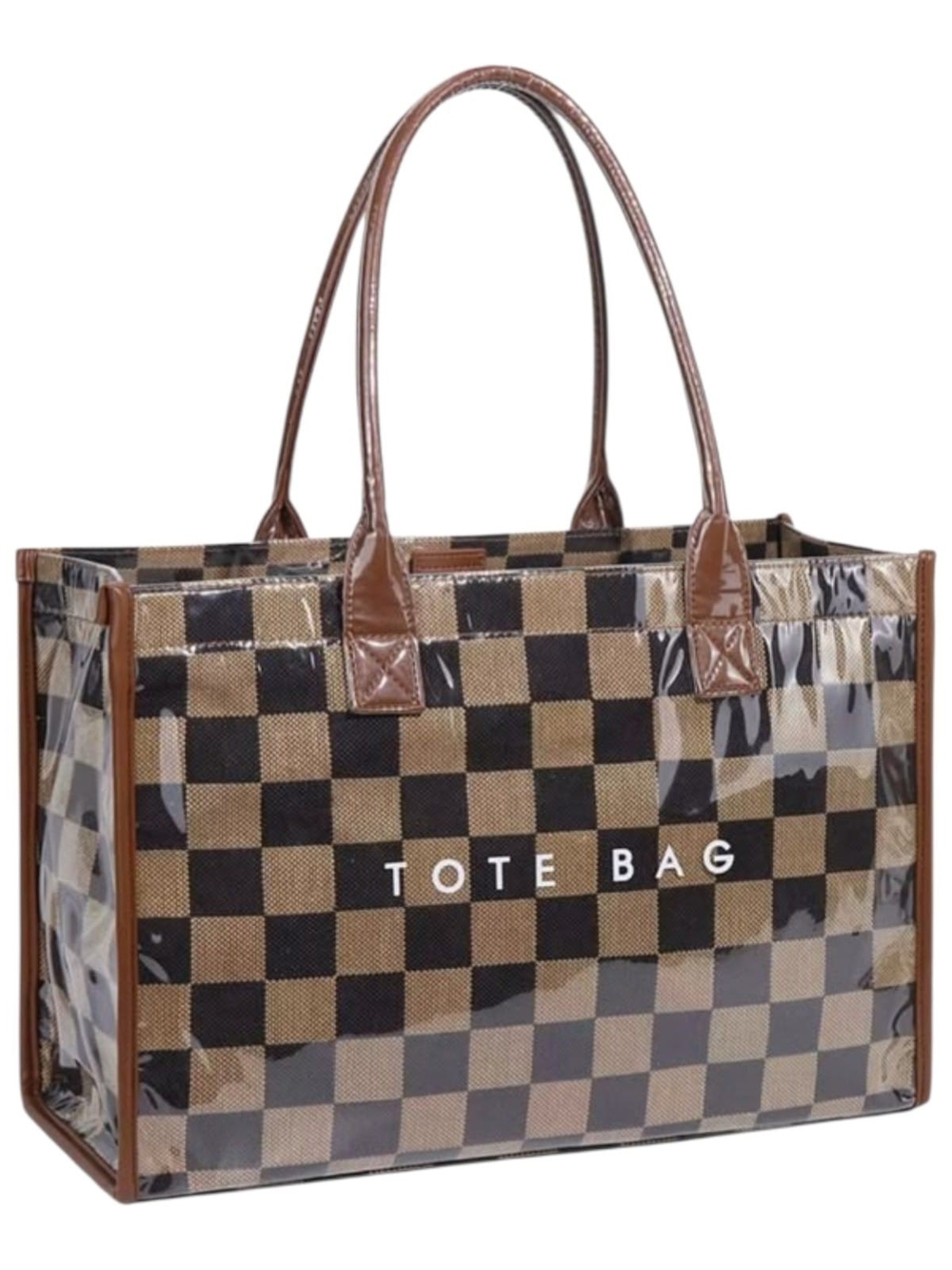 Brown Checkered Tote Bag with Leather Handles